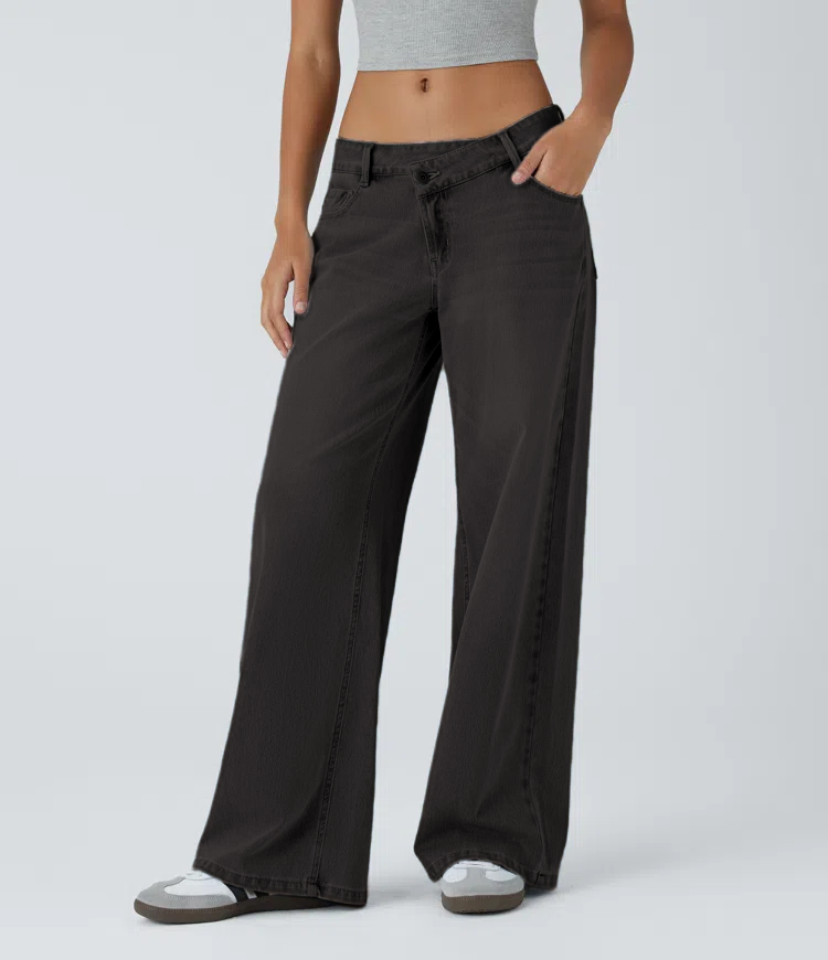 Asymmetric Low Rise Zipper Pockets Baggy Wide Leg Washed Casual Jeans