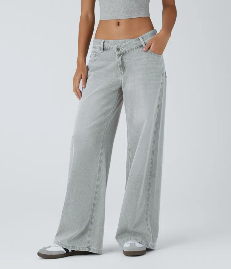 Asymmetric Low Rise Zipper Pockets Baggy Wide Leg Washed Casual Jeans