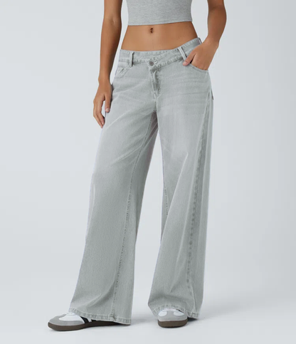 Asymmetric Low Rise Zipper Pockets Baggy Wide Leg Washed Casual Jeans