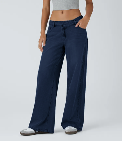 Asymmetric Low Rise Zipper Pockets Baggy Wide Leg Washed Casual Jeans