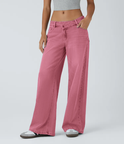 Asymmetric Low Rise Zipper Pockets Baggy Wide Leg Washed Casual Jeans