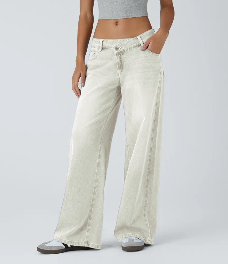 Asymmetric Low Rise Zipper Pockets Baggy Wide Leg Washed Casual Jeans