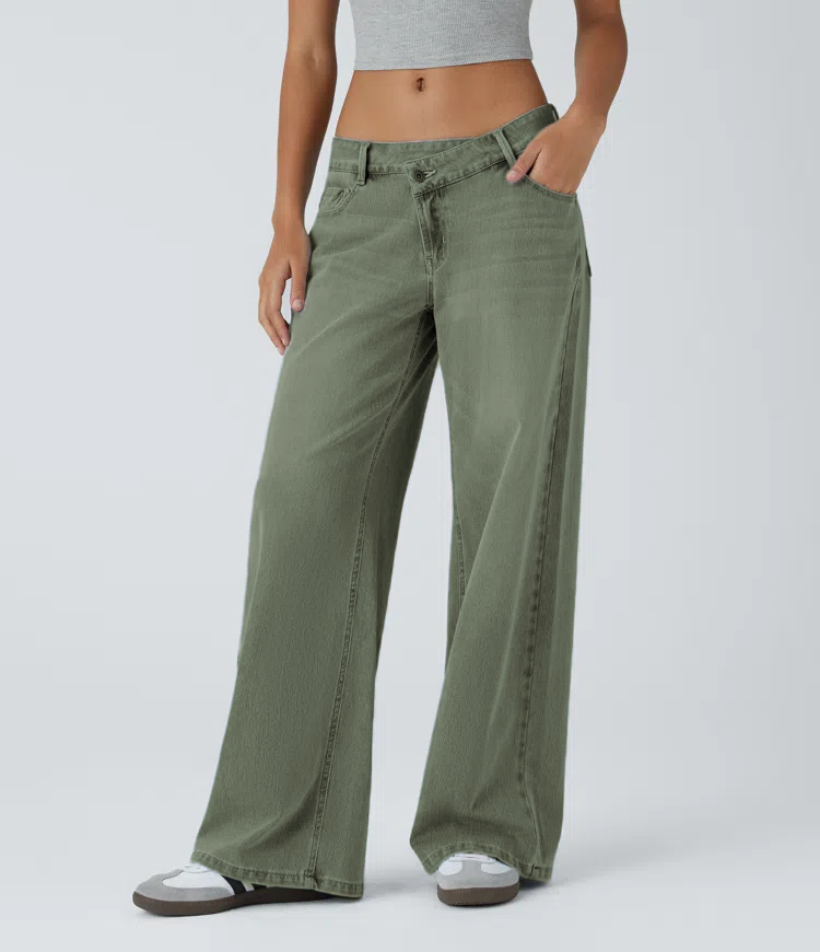Asymmetric Low Rise Zipper Pockets Baggy Wide Leg Washed Casual Jeans